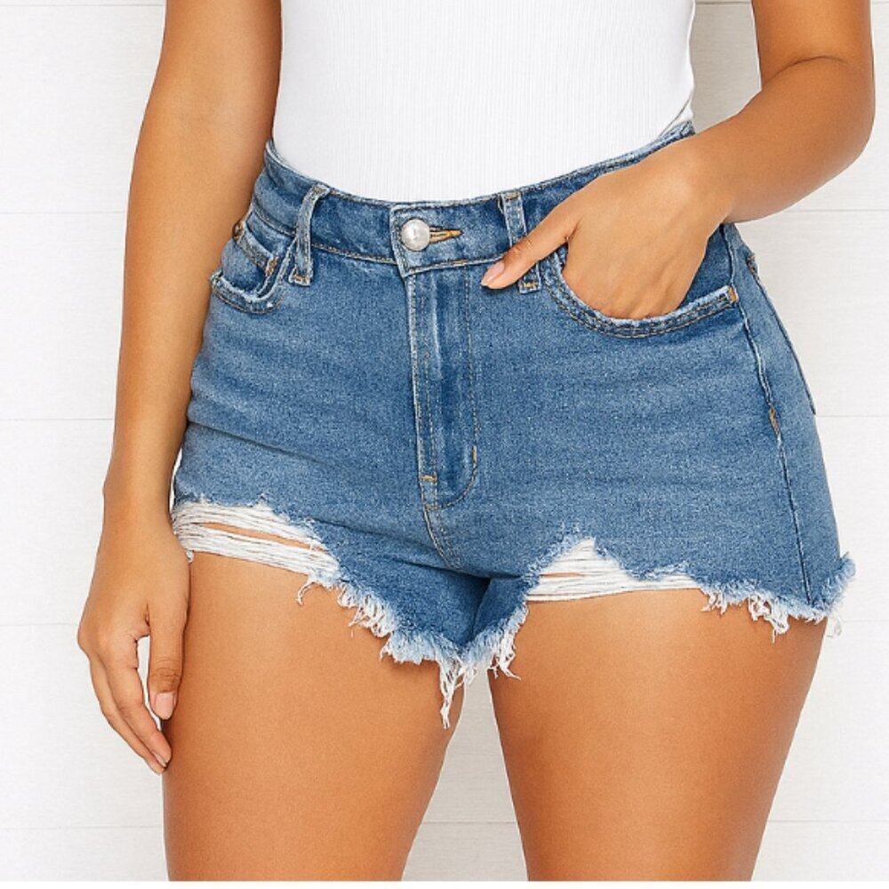 Denizen from Levi's Women's Medium Wash Blue High Rise Cut Off Distressed Shorts